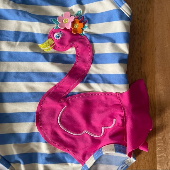 John Lewis Blue and White Striped Kids Swim One Piece with Pink Flamingo - Picture 2 of 7